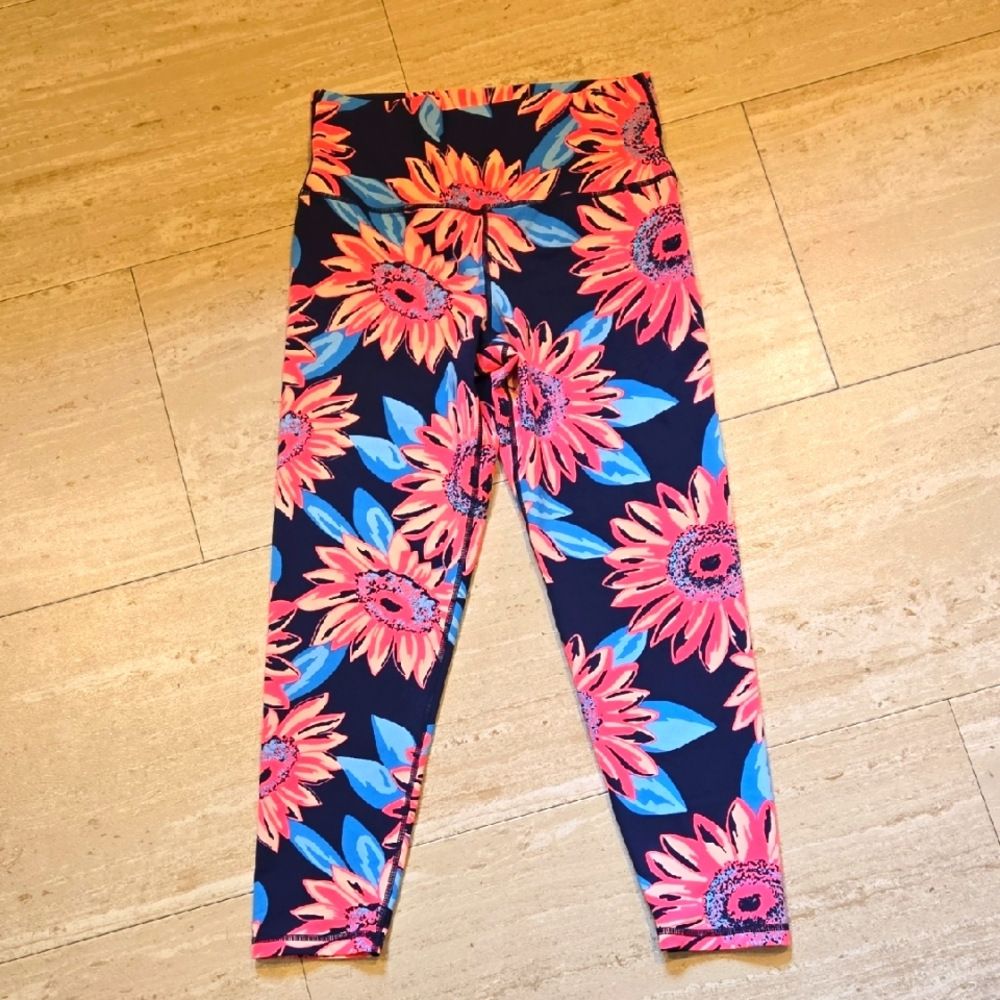 Aerie Silky-Smooth Pink and Blue Sunflower High-Waisted Capris